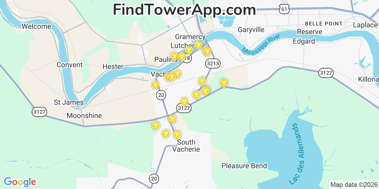 Map showing the 20 primary cell tower locations detected in North Vacherie, Louisiana from AT&T, Verizon, and T-Mobile networks