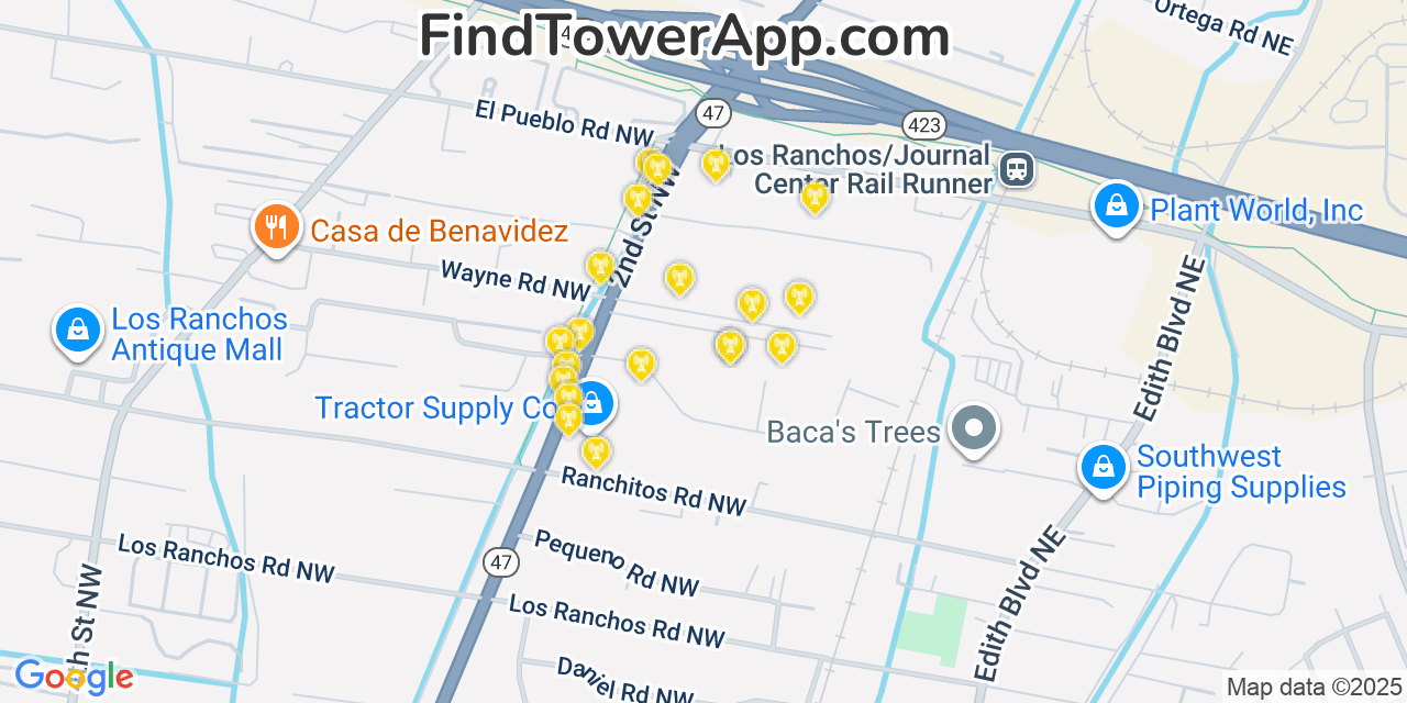 Map showing the 20 primary cell tower locations detected in North Valley, New Mexico from AT&T, Verizon, and T-Mobile networks