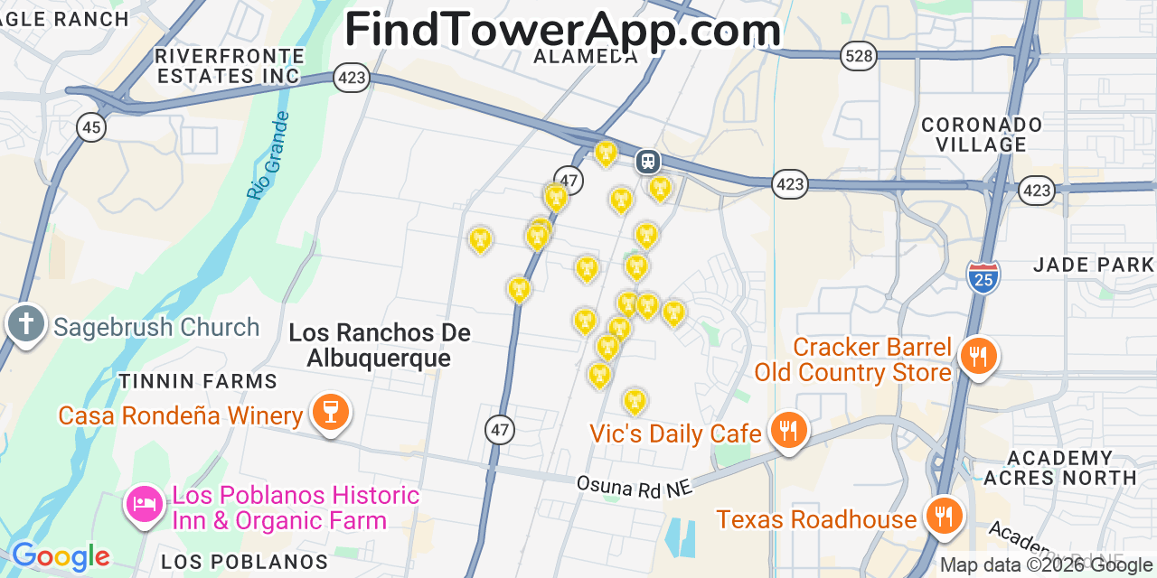 Map showing the 20 primary cell tower locations detected in North Valley, New Mexico from AT&T, Verizon, and T-Mobile networks