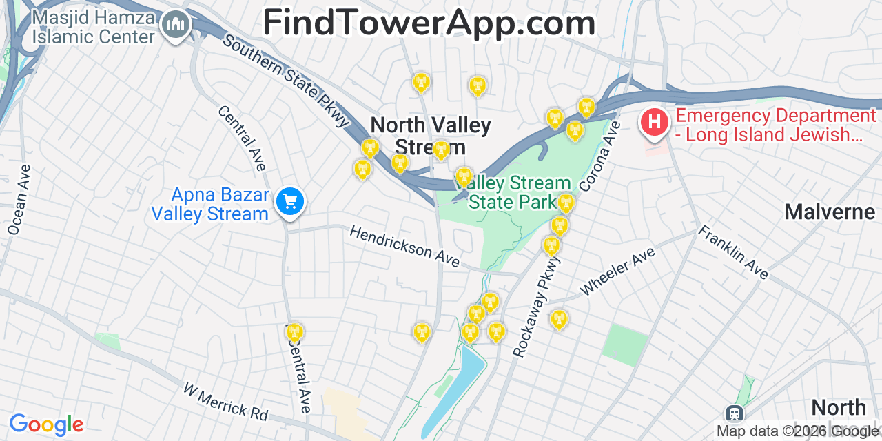 Map showing the 20 primary cell tower locations detected in North Valley Stream, New York from AT&T, Verizon, and T-Mobile networks