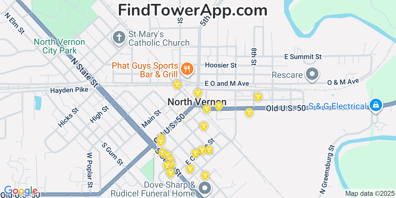 Map showing the 20 primary cell tower locations detected in North Vernon, Indiana from AT&T, Verizon, and T-Mobile networks