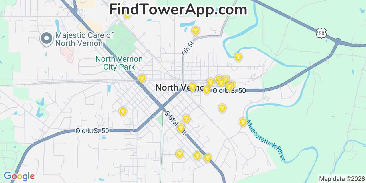 Map showing the 20 primary cell tower locations detected in North Vernon, Indiana from AT&T, Verizon, and T-Mobile networks