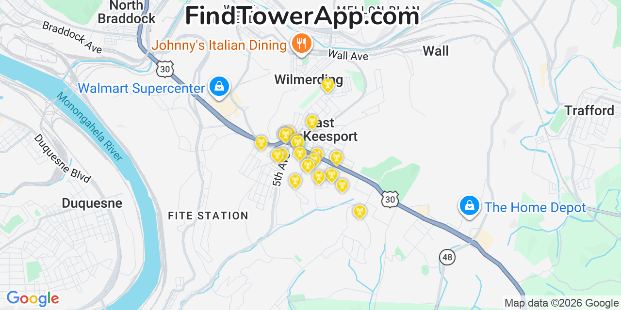 Map showing the 20 primary cell tower locations detected in North Versailles, Pennsylvania from AT&T, Verizon, and T-Mobile networks
