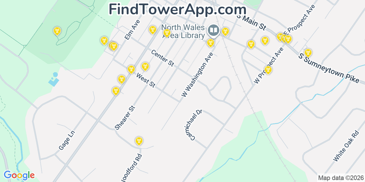 Map showing the 20 primary cell tower locations detected in North Wales, Pennsylvania from AT&T, Verizon, and T-Mobile networks