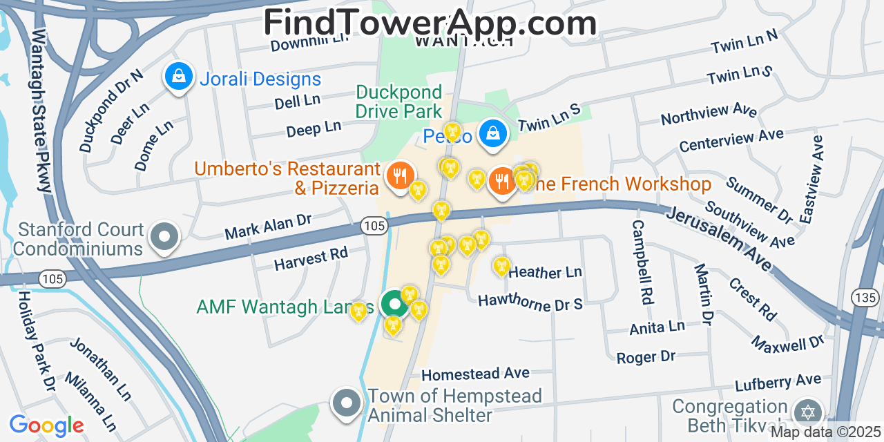 Map showing the 20 primary cell tower locations detected in North Wantagh, New York from AT&T, Verizon, and T-Mobile networks