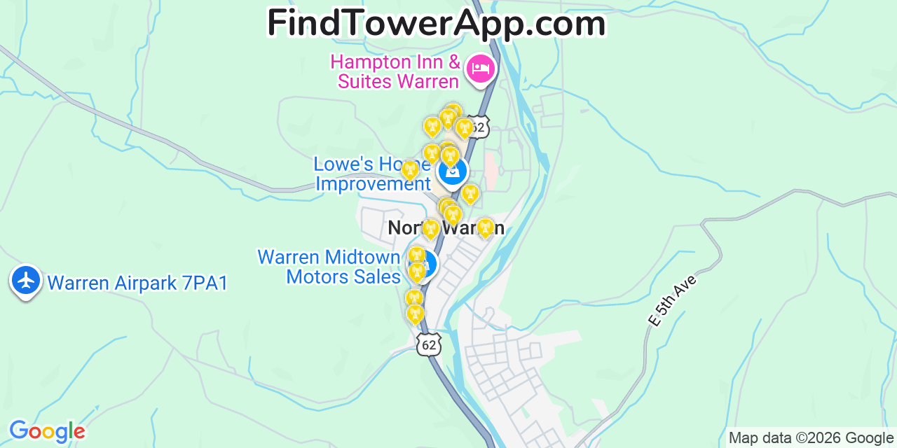 Map showing the 20 primary cell tower locations detected in North Warren, Pennsylvania from AT&T, Verizon, and T-Mobile networks