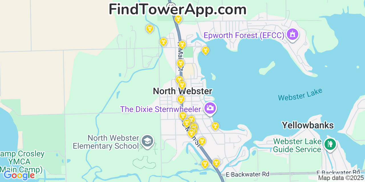 Map showing the 20 primary cell tower locations detected in North Webster, Indiana from AT&T, Verizon, and T-Mobile networks