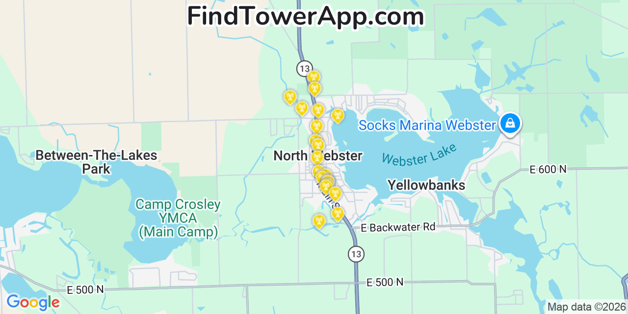 Map showing the 20 primary cell tower locations detected in North Webster, Indiana from AT&T, Verizon, and T-Mobile networks