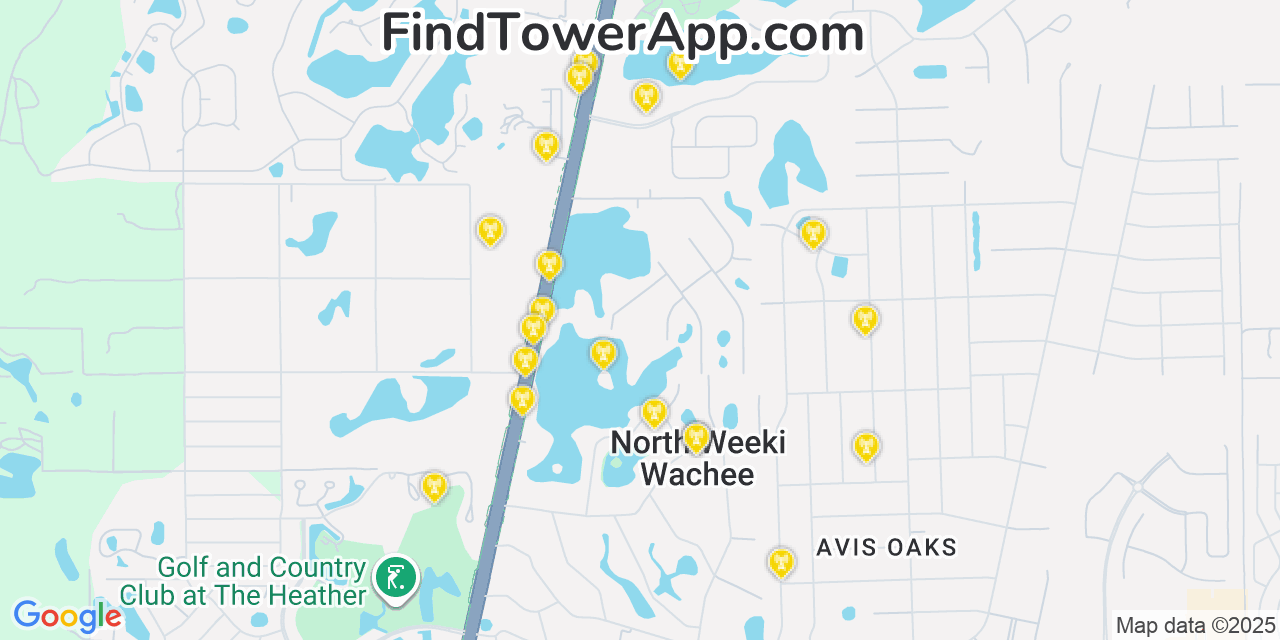 Map showing the 20 primary cell tower locations detected in North Weeki Wachee, Florida from AT&T, Verizon, and T-Mobile networks