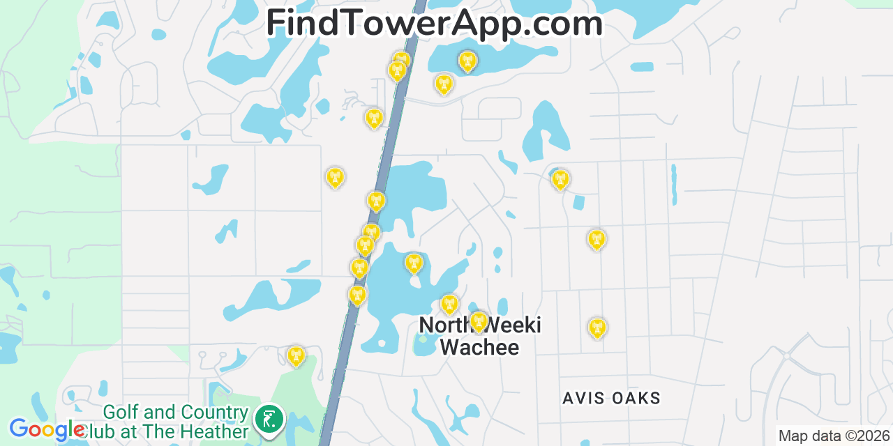 Map showing the 20 primary cell tower locations detected in North Weeki Wachee, Florida from AT&T, Verizon, and T-Mobile networks