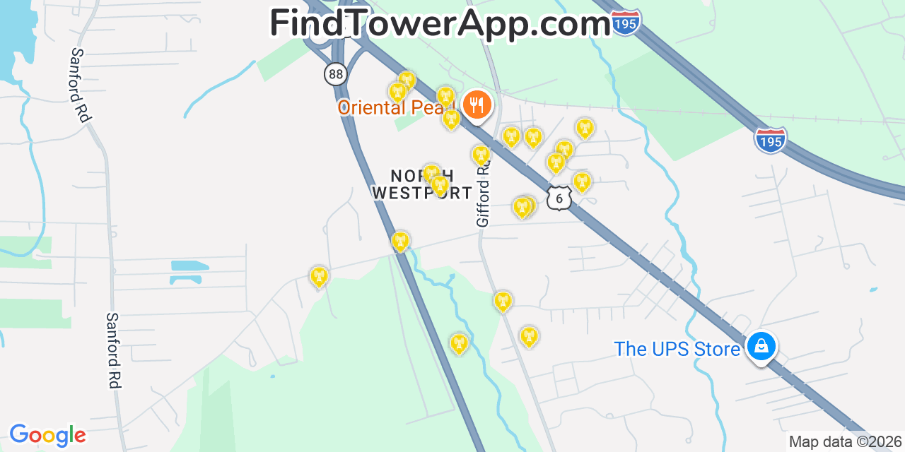 Map showing the 20 primary cell tower locations detected in North Westport, Massachusetts from AT&T, Verizon, and T-Mobile networks