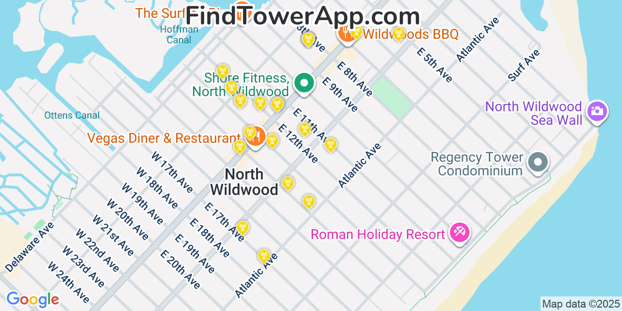 Map showing the 20 primary cell tower locations detected in North Wildwood, New Jersey from AT&T, Verizon, and T-Mobile networks