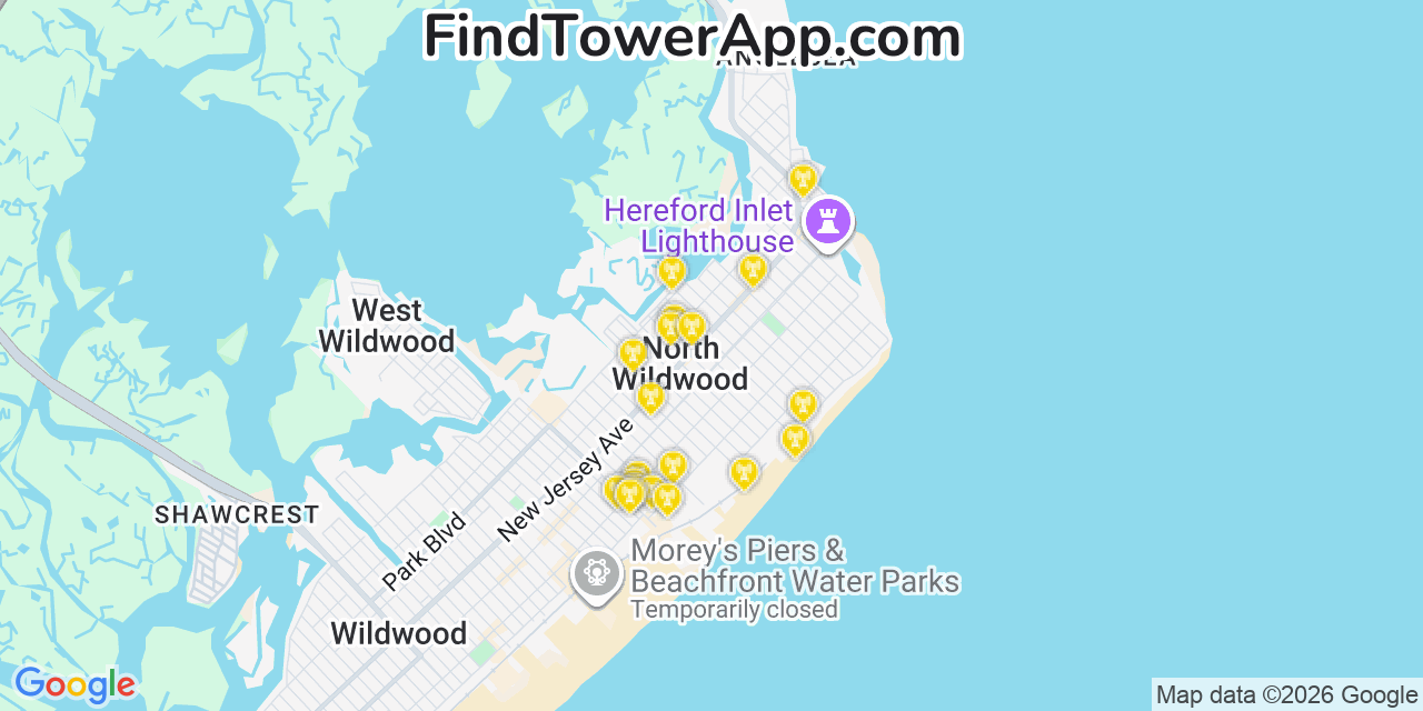 Map showing the 20 primary cell tower locations detected in North Wildwood, New Jersey from AT&T, Verizon, and T-Mobile networks