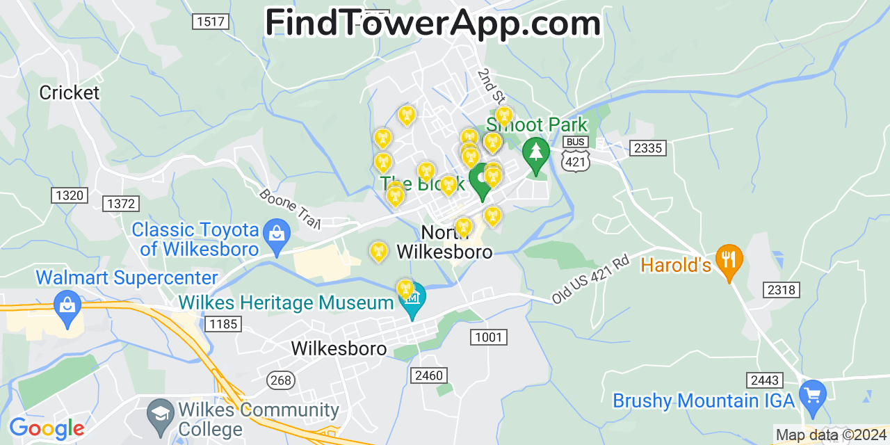 AT&T 4G/5G cell tower coverage map North Wilkesboro, North Carolina