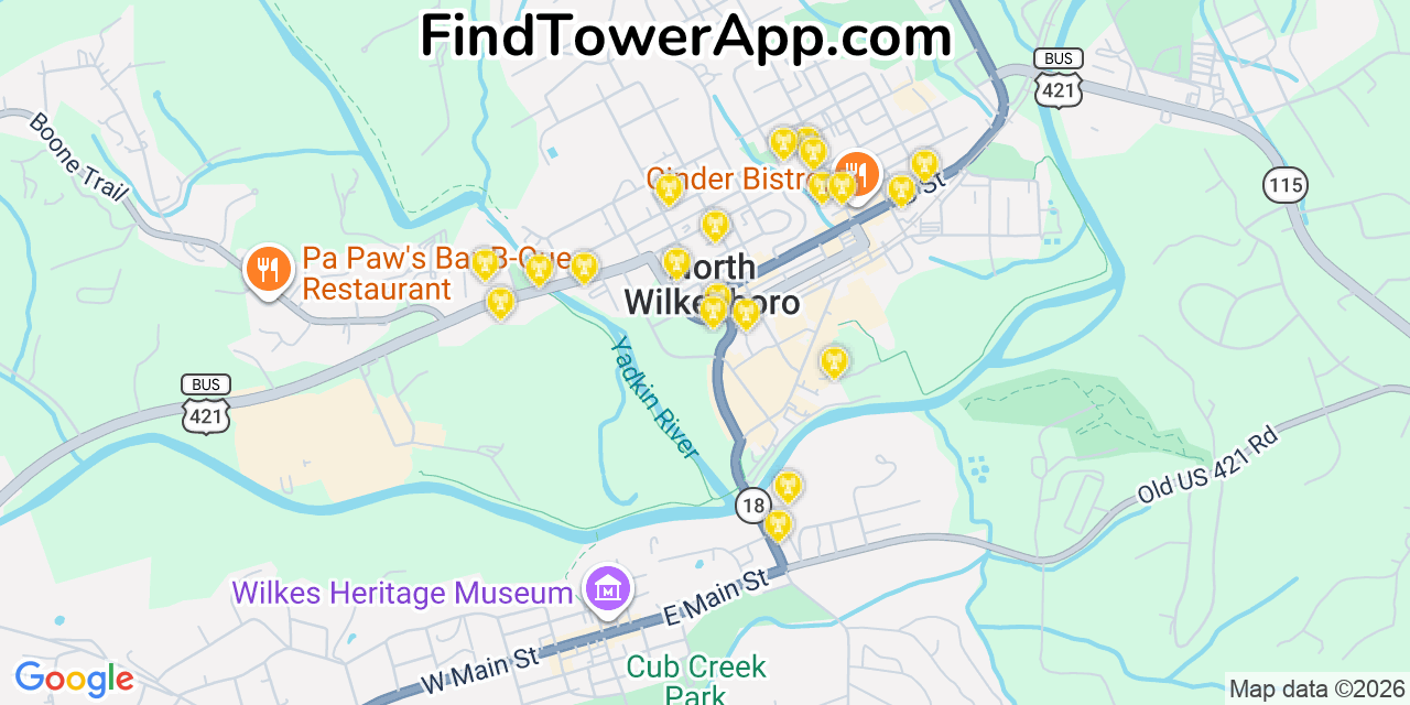 Map showing the 20 primary cell tower locations detected in North Wilkesboro, North Carolina from AT&T, Verizon, and T-Mobile networks