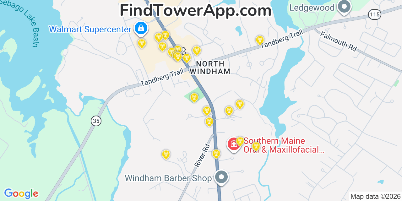 Map showing the 20 primary cell tower locations detected in North Windham, Maine from AT&T, Verizon, and T-Mobile networks