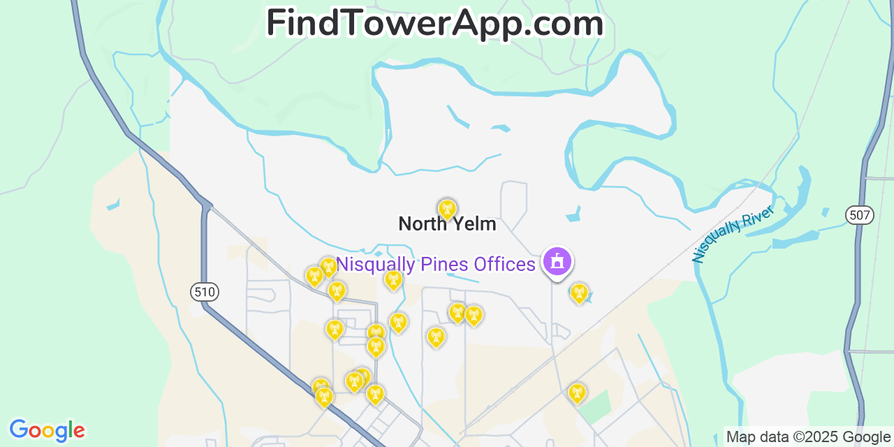 Map showing the 20 primary cell tower locations detected in North Yelm, Washington from AT&T, Verizon, and T-Mobile networks