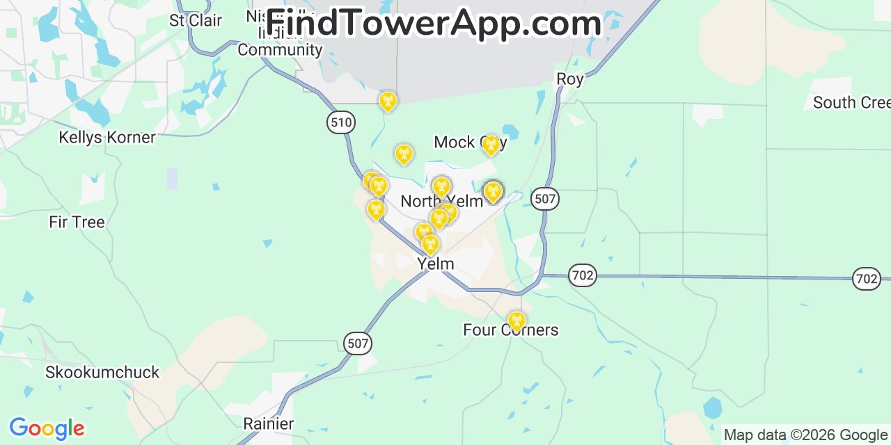 Map showing the 20 primary cell tower locations detected in North Yelm, Washington from AT&T, Verizon, and T-Mobile networks