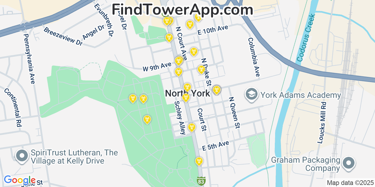 Map showing the 20 primary cell tower locations detected in North York, Pennsylvania from AT&T, Verizon, and T-Mobile networks
