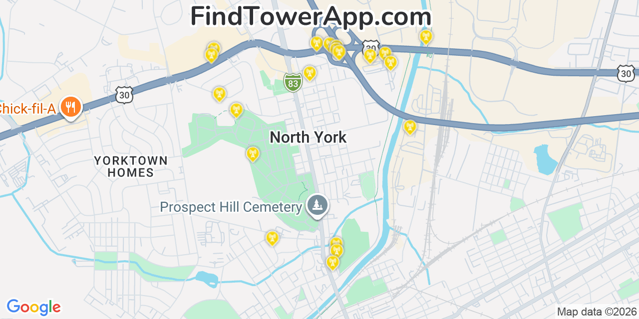 Map showing the 20 primary cell tower locations detected in North York, Pennsylvania from AT&T, Verizon, and T-Mobile networks