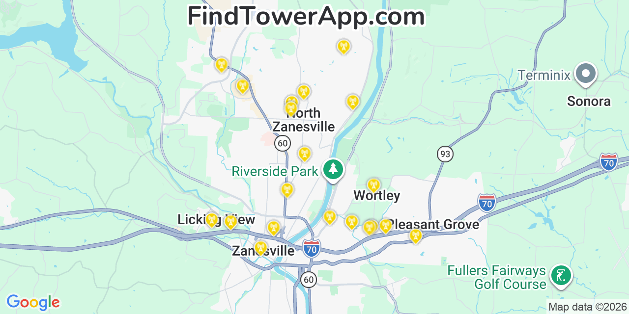 Map showing the 20 primary cell tower locations detected in North Zanesville, Ohio from AT&T, Verizon, and T-Mobile networks