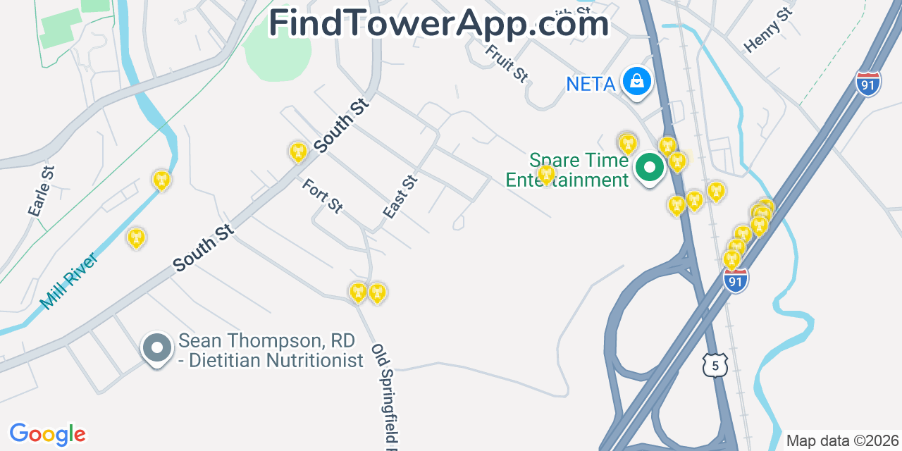 Map showing the 20 primary cell tower locations detected in Northampton, Massachusetts from AT&T, Verizon, and T-Mobile networks