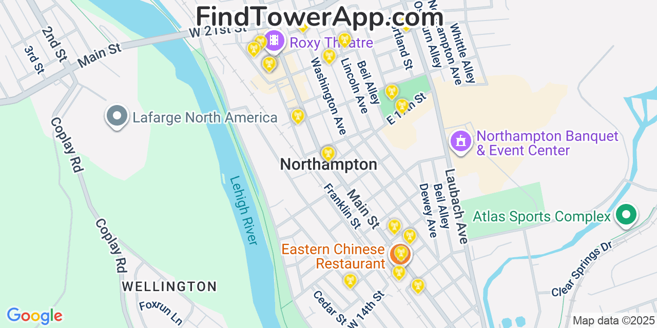 Map showing the 20 primary cell tower locations detected in Northampton, Pennsylvania from AT&T, Verizon, and T-Mobile networks