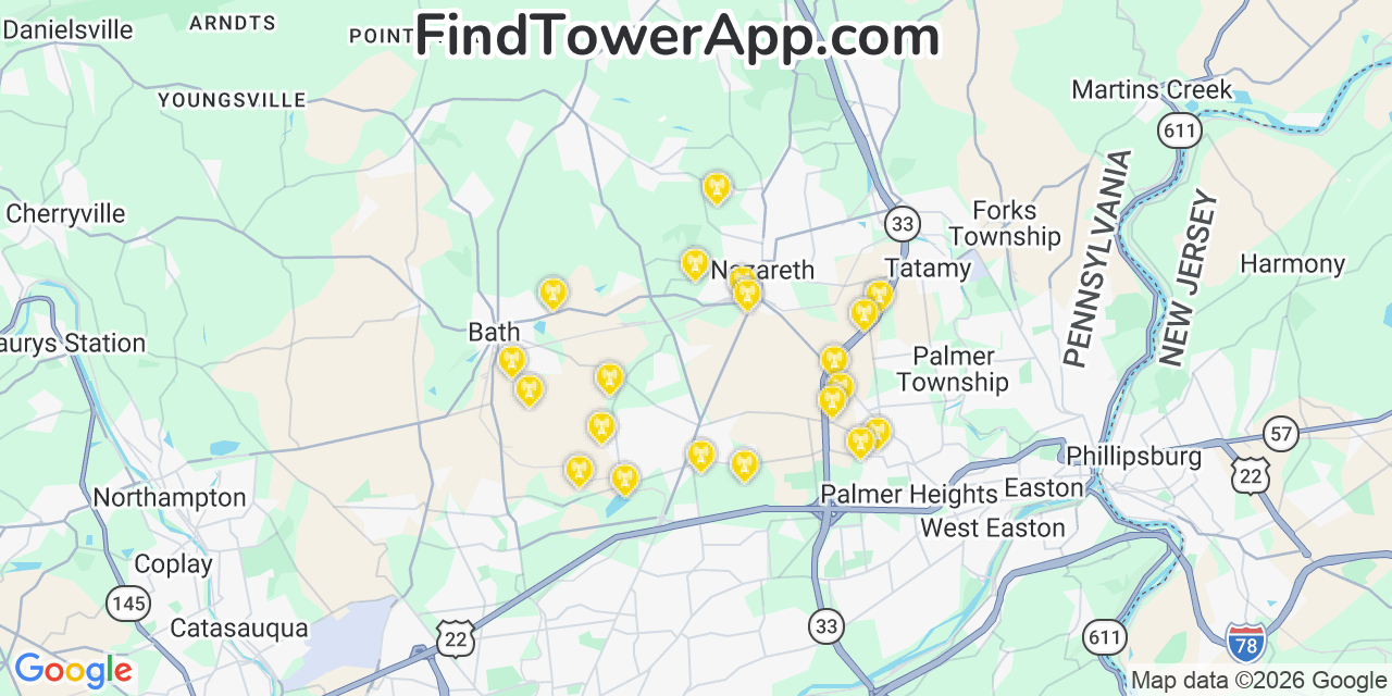 Map showing the 20 primary cell tower locations detected in Northampton, Pennsylvania from AT&T, Verizon, and T-Mobile networks