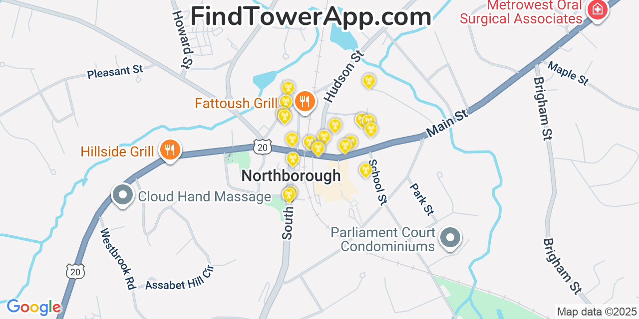 Map showing the 20 primary cell tower locations detected in Northborough, Massachusetts from AT&T, Verizon, and T-Mobile networks
