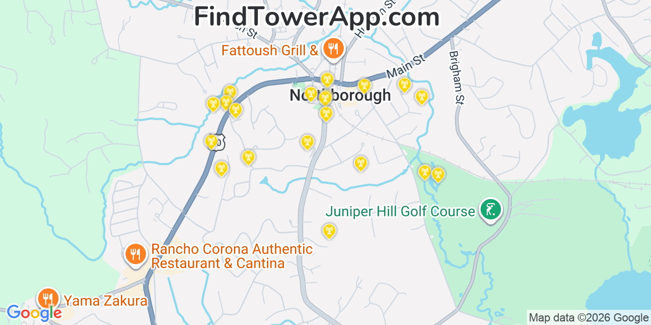 Map showing the 20 primary cell tower locations detected in Northborough, Massachusetts from AT&T, Verizon, and T-Mobile networks