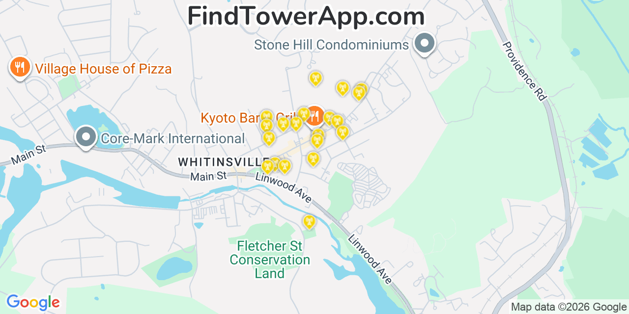 Map showing the 20 primary cell tower locations detected in Northbridge, Massachusetts from AT&T, Verizon, and T-Mobile networks