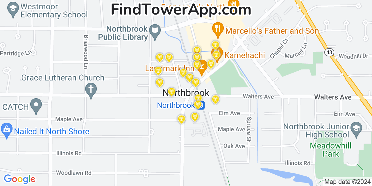 AT&T 4G/5G cell tower coverage map Northbrook, Illinois