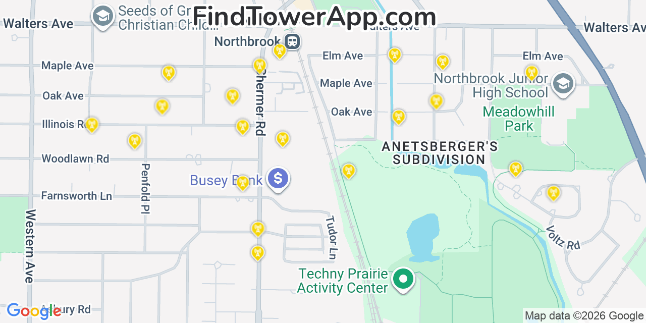 Map showing the 20 primary cell tower locations detected in Northbrook, Illinois from AT&T, Verizon, and T-Mobile networks