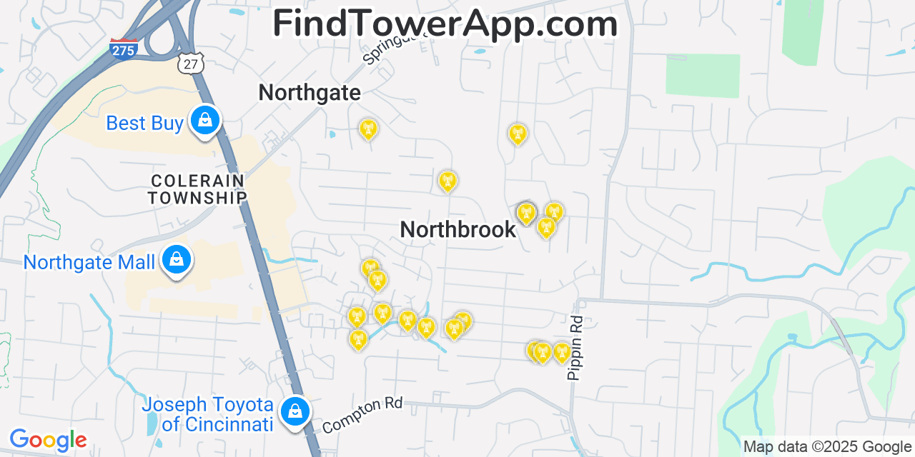 Map showing the 20 primary cell tower locations detected in Northbrook, Ohio from AT&T, Verizon, and T-Mobile networks