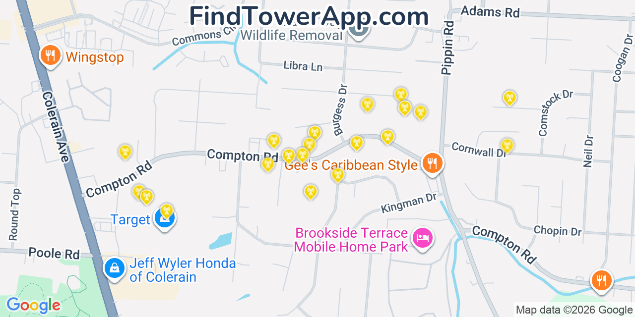Map showing the 20 primary cell tower locations detected in Northbrook, Ohio from AT&T, Verizon, and T-Mobile networks