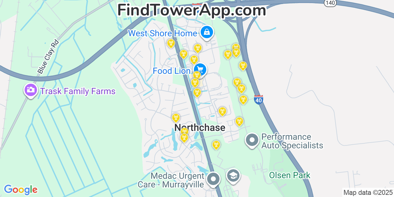 Map showing the 20 primary cell tower locations detected in Northchase, North Carolina from AT&T, Verizon, and T-Mobile networks