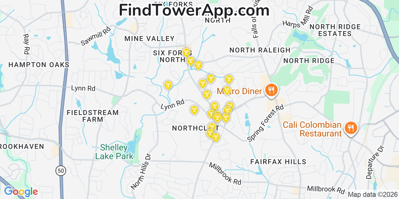 Map showing the 20 primary cell tower locations detected in Northchase, North Carolina from AT&T, Verizon, and T-Mobile networks