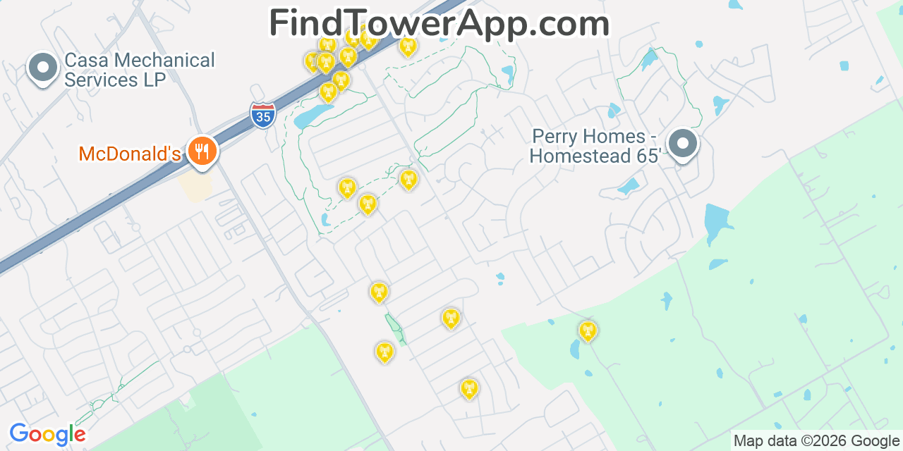 Map showing the 20 primary cell tower locations detected in Northcliff, Texas from AT&T, Verizon, and T-Mobile networks
