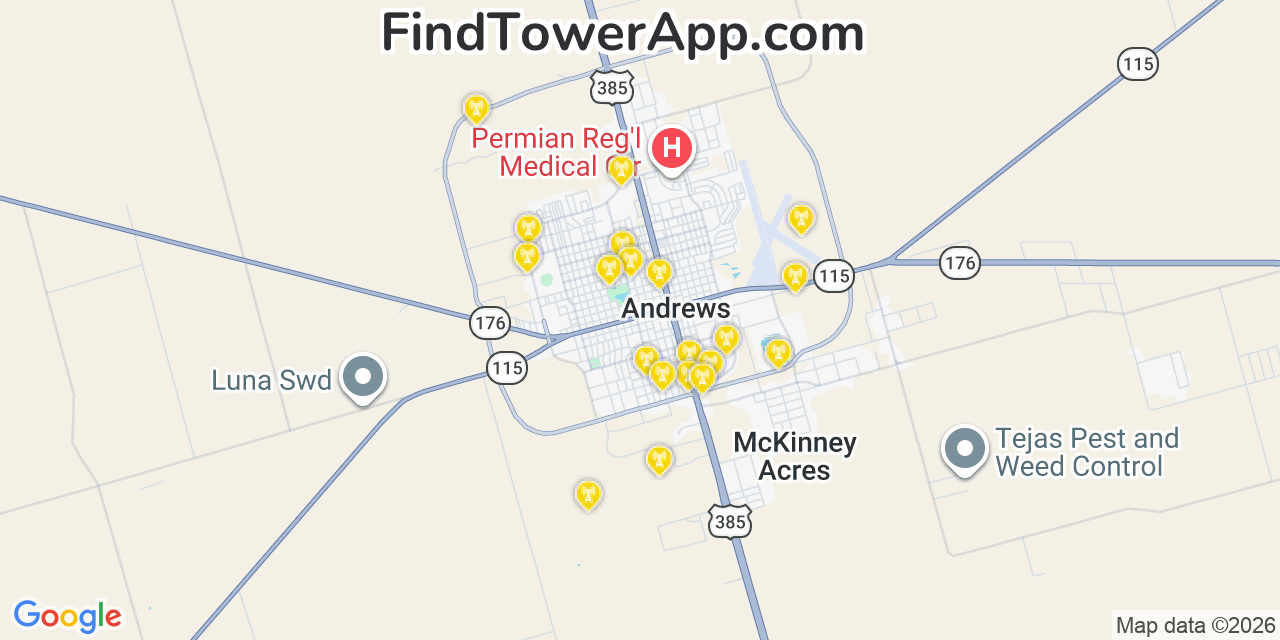 Map showing the 20 primary cell tower locations detected in Northcrest, Texas from AT&T, Verizon, and T-Mobile networks