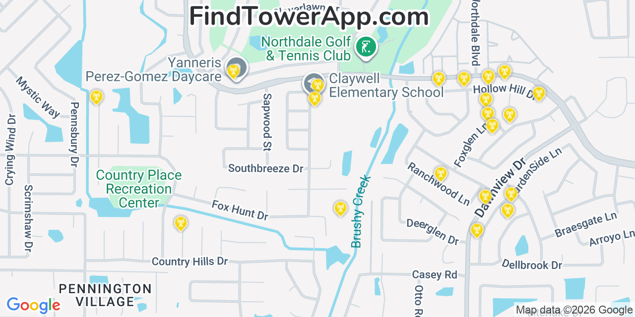 Map showing the 20 primary cell tower locations detected in Northdale, Florida from AT&T, Verizon, and T-Mobile networks
