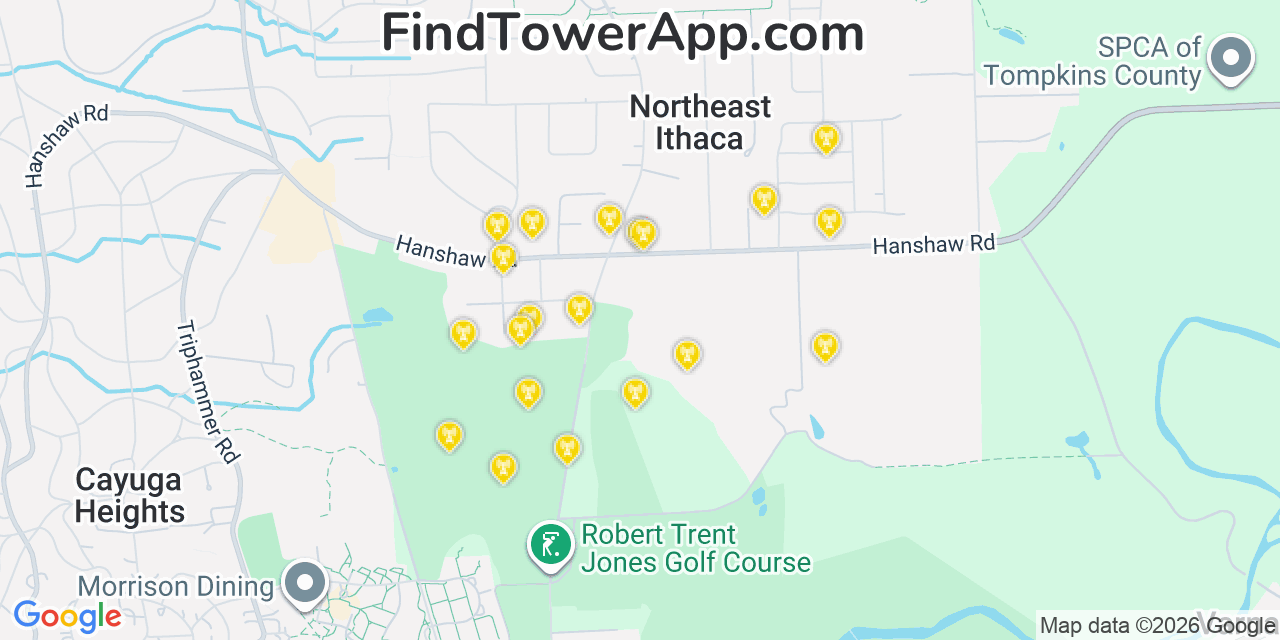 Map showing the 20 primary cell tower locations detected in Northeast Ithaca, New York from AT&T, Verizon, and T-Mobile networks