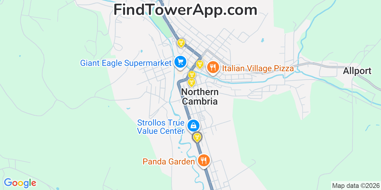 Map showing the 20 primary cell tower locations detected in Northern Cambria, Pennsylvania from AT&T, Verizon, and T-Mobile networks