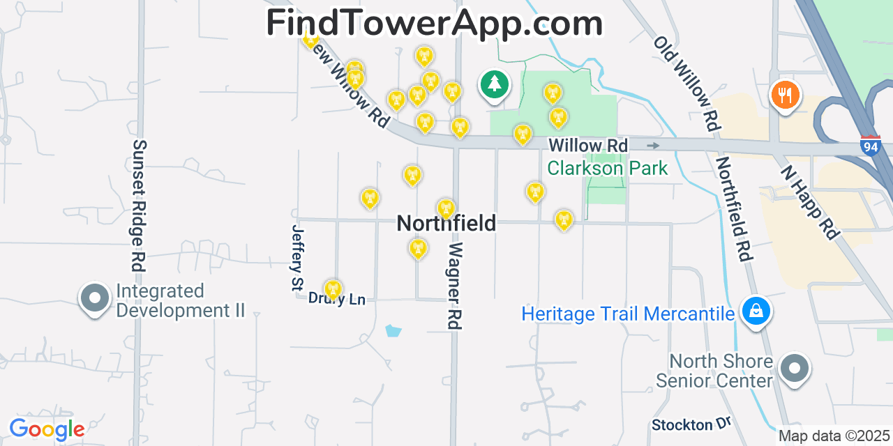 Map showing the 20 primary cell tower locations detected in Northfield, Illinois from AT&T, Verizon, and T-Mobile networks