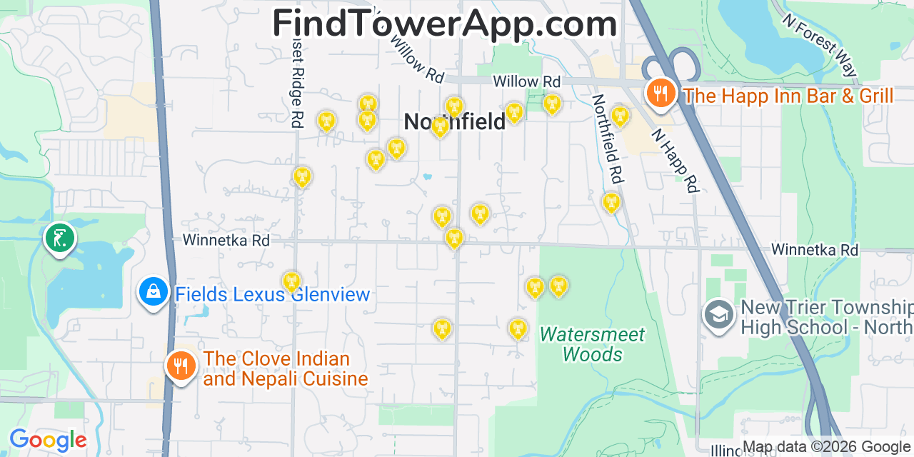 Map showing the 20 primary cell tower locations detected in Northfield, Illinois from AT&T, Verizon, and T-Mobile networks