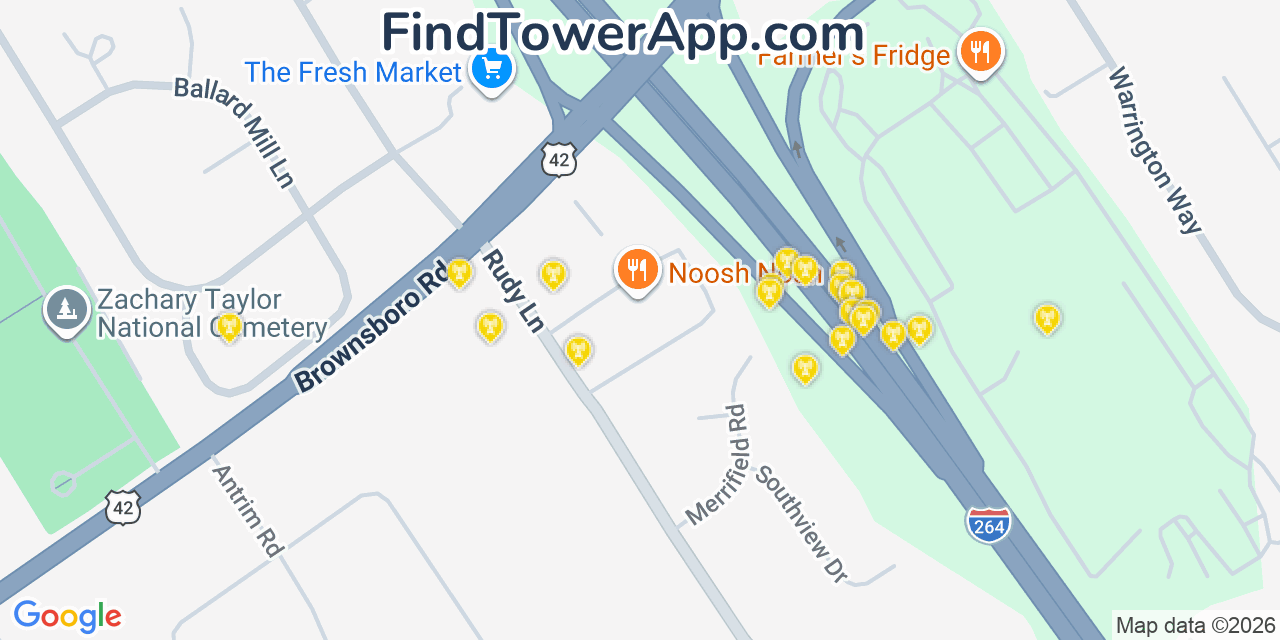 Map showing the 20 primary cell tower locations detected in Northfield, Kentucky from AT&T, Verizon, and T-Mobile networks