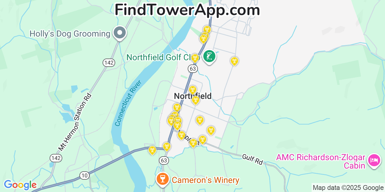 Map showing the 20 primary cell tower locations detected in Northfield, Massachusetts from AT&T, Verizon, and T-Mobile networks