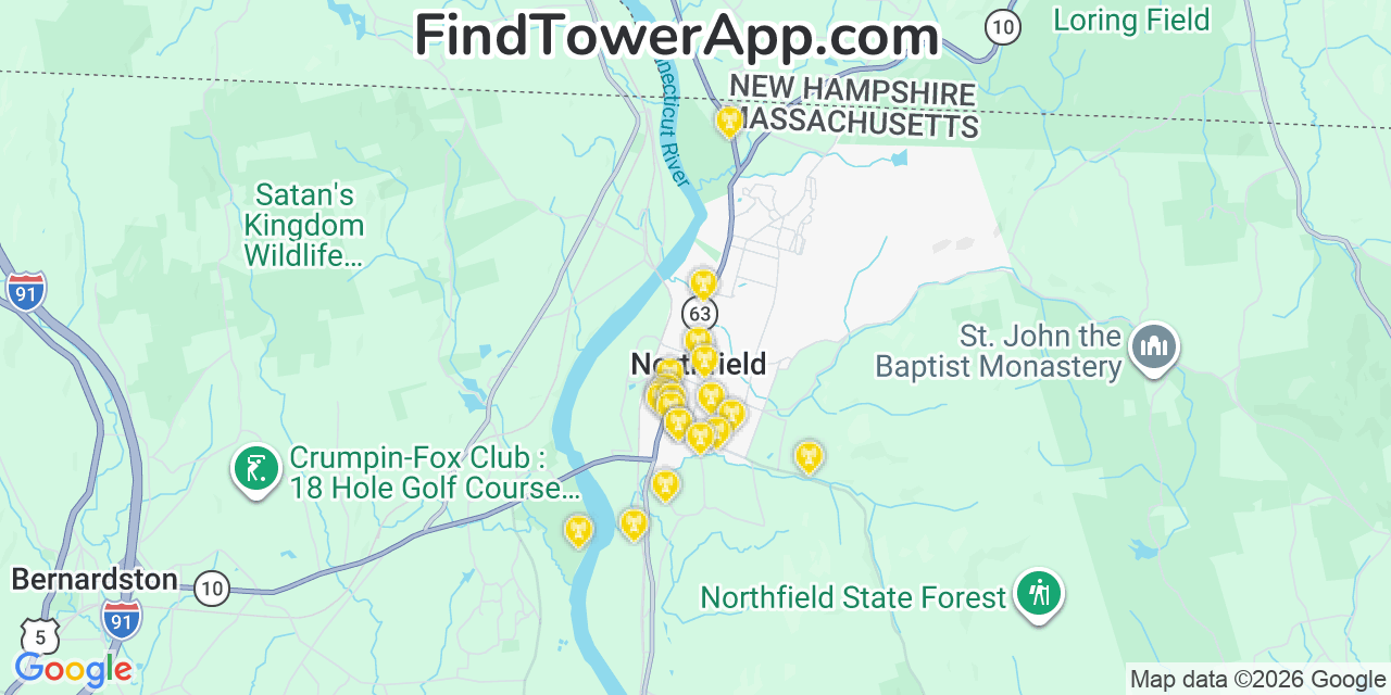 Map showing the 20 primary cell tower locations detected in Northfield, Massachusetts from AT&T, Verizon, and T-Mobile networks