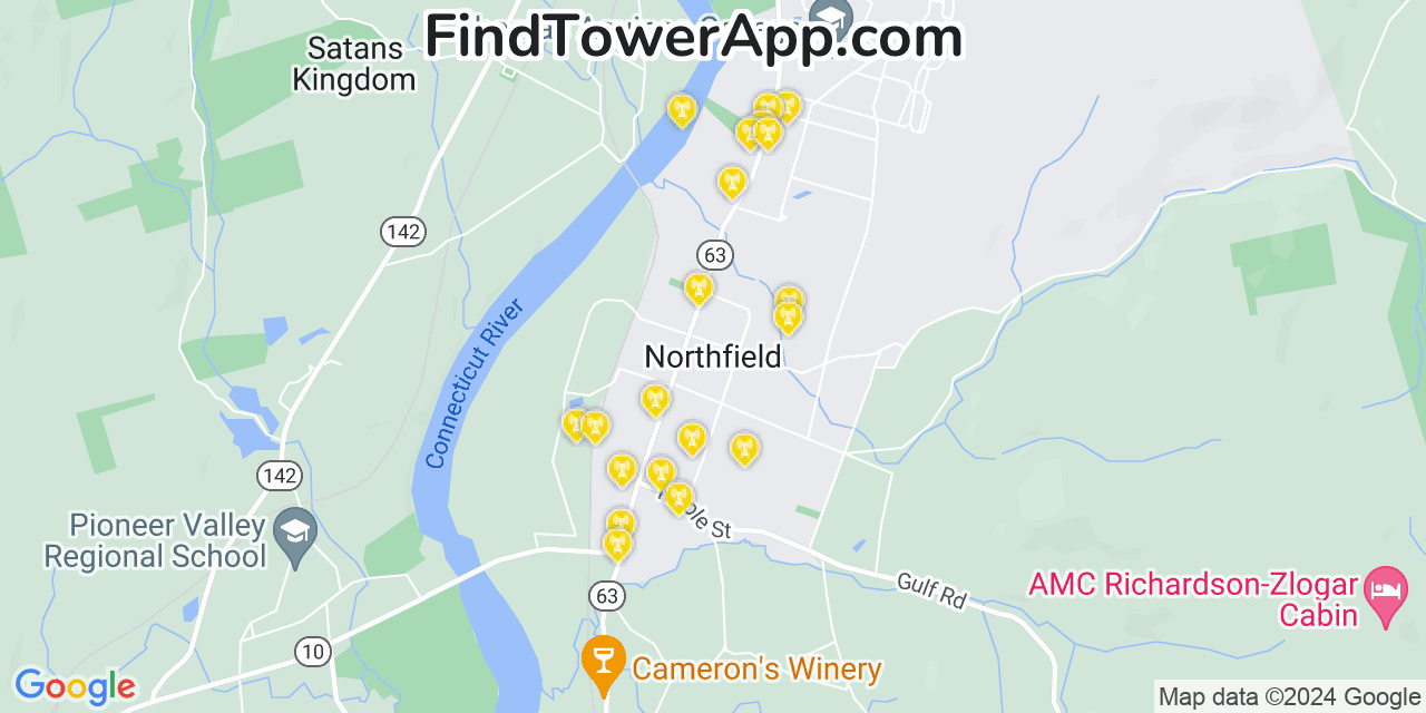 Verizon 4G/5G cell tower coverage map Northfield, Massachusetts