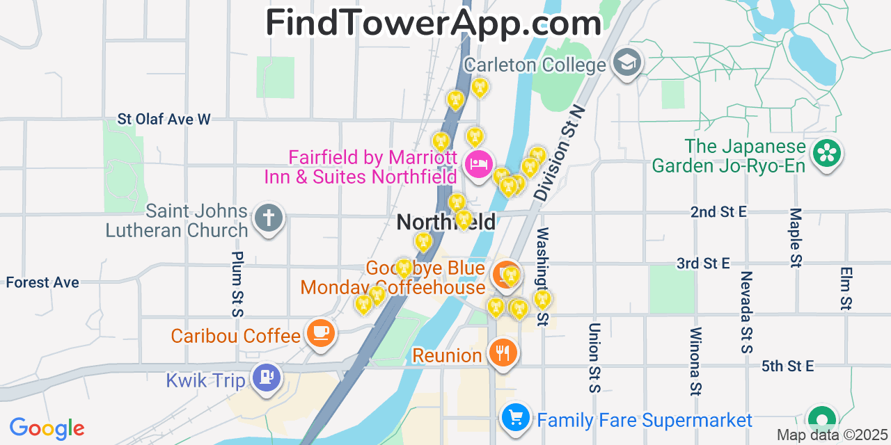 Map showing the 20 primary cell tower locations detected in Northfield, Minnesota from AT&T, Verizon, and T-Mobile networks