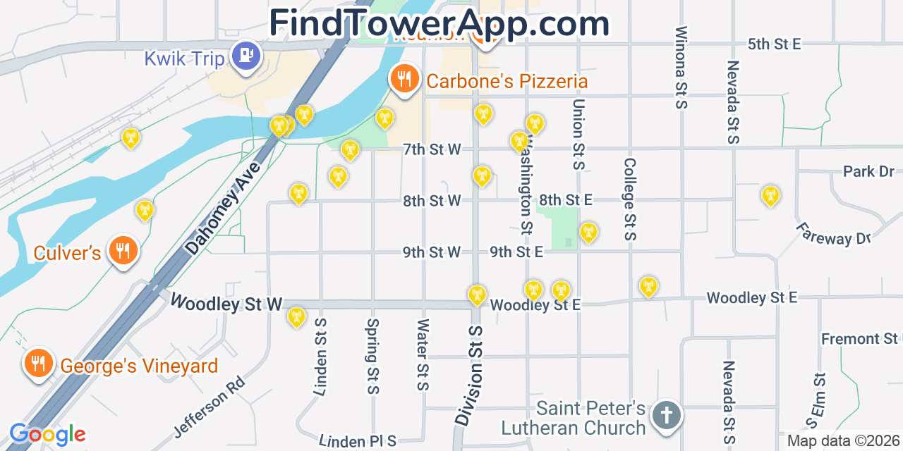 Map showing the 20 primary cell tower locations detected in Northfield, Minnesota from AT&T, Verizon, and T-Mobile networks
